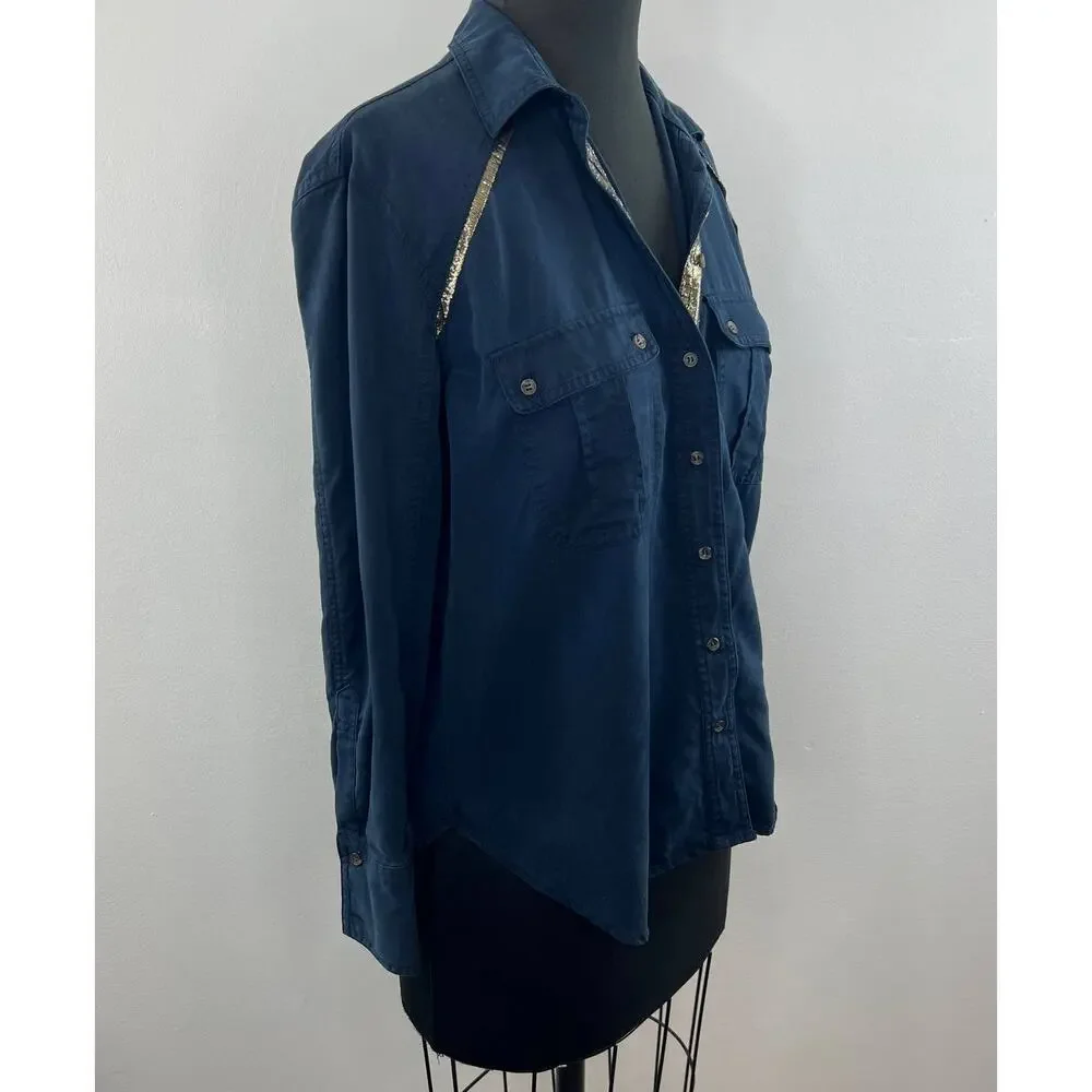 Free People Blue Long Sleeve Off Campus Button Down Tencel Collared Top Size XS